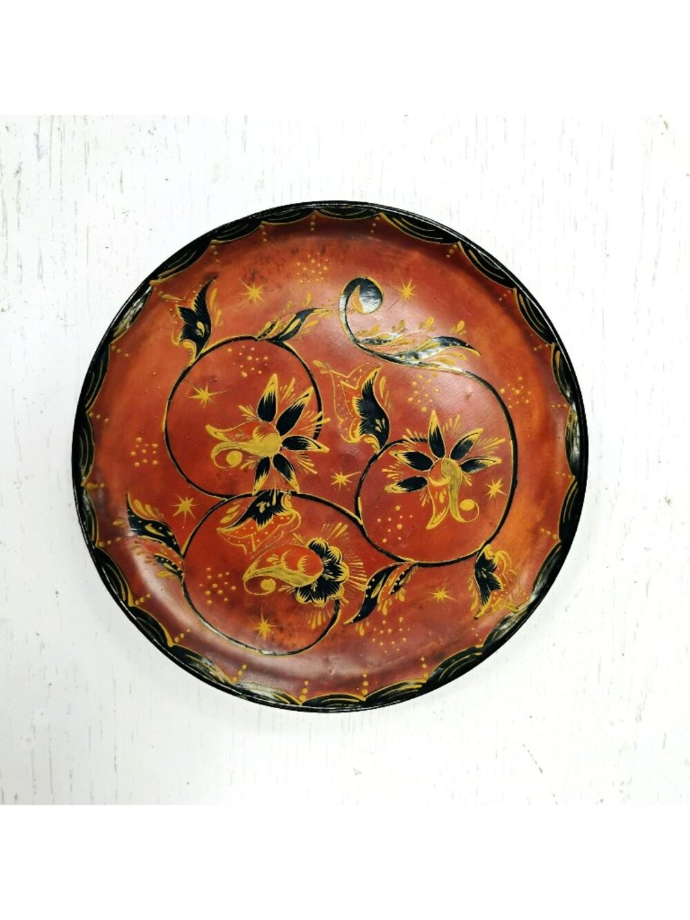 Vintage Khokhloma Hand Painted Lacquer Wood Plate 8.5 Inch Slavic Folk Art Red